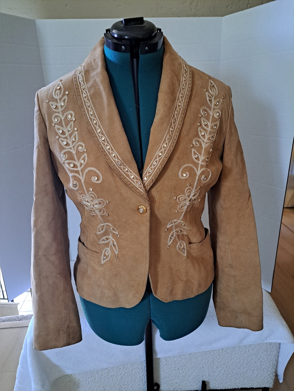 Embroidered Tan Suede Blazer Jacket Size L
